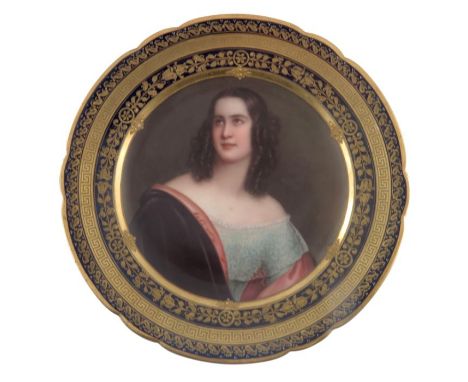 A late 19th Century Vienna cabinet plate, painted with a portrait of Elizabeth List, indistinctly signed, raised gilt floral 