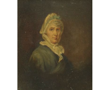 British School, circa 1840, portrait of a lady, bust length wearing a white bonnet with blue bow, oil on canvas, 14 by 11.5cm