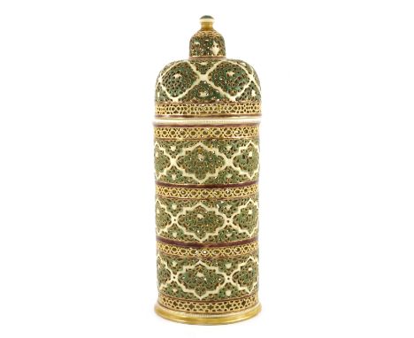 Zsolnay, Pecs, a large Hungarian reticulated vase and cover, cylindrical form with domed lid, pierced with bands of knotted f