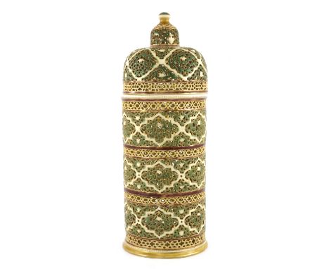 Zsolnay, Pecs, a large Hungarian reticulated vase and cover, cylindrical form with domed lid, pierced with bands of knotted f