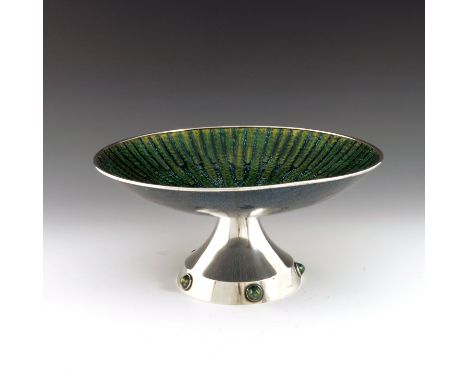 A Spanish Modernist silver and enamelled pedestal bowl, Barcelona, circa 1970s, the shallow dish, decorated in abstract yello