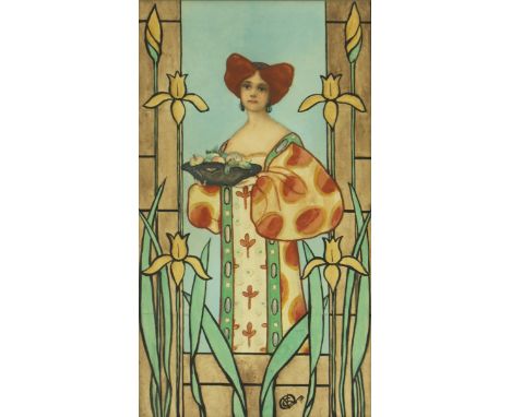 British School, circa 1905, an Art Nouveau portrait of a maiden within a stylised daffodil border, G.K.O monogram l.r., water