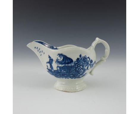 A Worcester blue and white cream boat, circa 1780, pseudo Chinese character mark, Fisherman pattern, pedestal ogee form with 