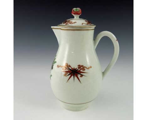 A Worcester polychrome jug and cover, circa 1775, Thunder and Lightning pattern, sparrow beak baluster form, painted with gil