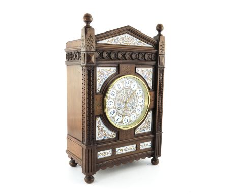 A late 19th Century Aesthetic Movement mahogany bracket clock, circa 1880, the case of architectural design with ball finials