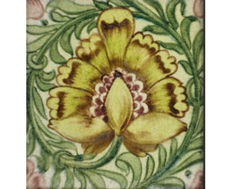 William De Morgan for Sands End Pottery, a Pineapple tile, circa 1890, impressed mark, framed, 15.5cm square