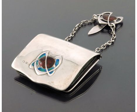 Archibald Knox for Liberty and Co., an Arts and Crafts silver and enamelled hanging purse, William Hair Haseler, Birmingham 1