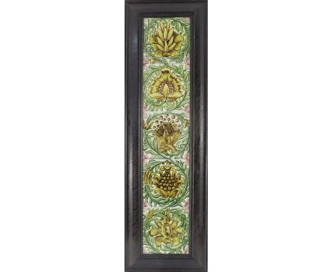 William De Morgan for Sands End Pottery, a Pineapple or New Pineapple five tile panel, circa 1890, framed, each 15.5cm square