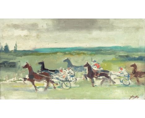 William Apap (Maltese, 1918-1970), The Harness Race, signed and dated 1959 l.r., portrait sketch verso, oil on panel, 27 by 4
