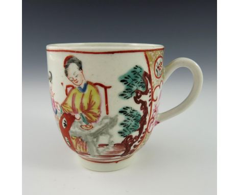 A Worcester polychrome coffee cup, circa 1770, Mandarin pattern, painted with two Oriental figures at a table, 6.5cm high