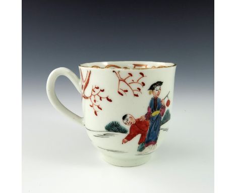A Worcester polychrome coffee cup, circa 1770, Mandarin pattern, painted with two children and Oriental women playing, in a g