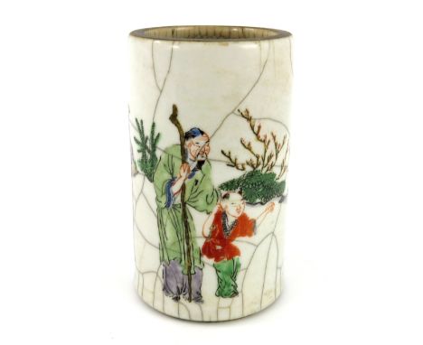 A Chinese crackle glaze brush pot, 20th Century, of cylinder form, painted in polychrome with elders, gents, a lady and an in