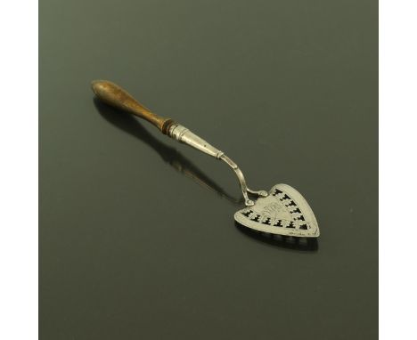 A George III silver hors d'oeuvres server, Peter and Ann Bateman, London 1793, pierced spade trowel form, bright cut engraved