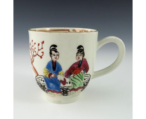 A Worcester polychrome coffee cup, circa 1770, Mandarin pattern, painted with a child playing with a sceptre and two Oriental