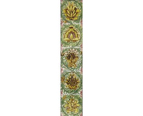 William De Morgan for Sands End Pottery, a Pineapple or New Pineapple five tile panel, circa 1890, framed, each 15.5cm square