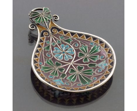 David Andersen (attributed), a Norwegian plique a jour enamelled silver gilt caddy spoon, circa 1900, onion drop form, milled
