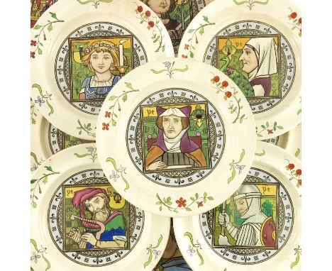 Henry Stacy Marks for Minton, a set of twelve Aesthetic Movement dinner plates, 1879, each with a PreRaphaelite portrait tile