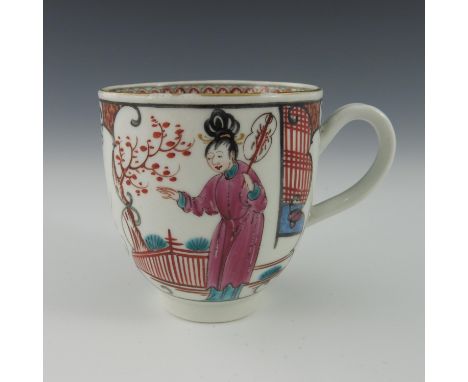 A Worcester polychrome coffee cup, circa 1770, Mandarin pattern, painted with two panels of Oriental women, one with a fan, b