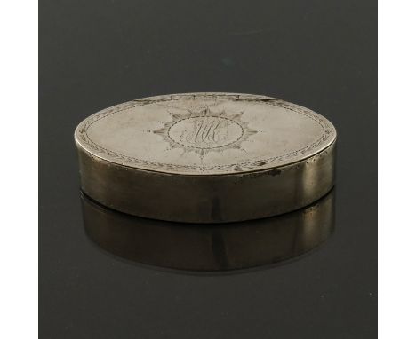 A George IV silver snuff box, Jonathan Perkins, London 1821, navette form, bright cut with central star cartouche within a la