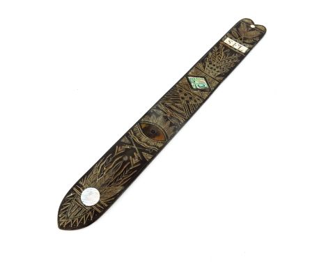 A 19th century American scrimshaw baleen busk, circa 1830, inlaid with abalone, mother of pearl, tortoiseshell and bone, carv
