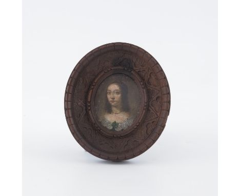 British School, 17th Century, portrait miniature of a lady wearing a green dress with lace collar, oval, oil on copper, 6 by 