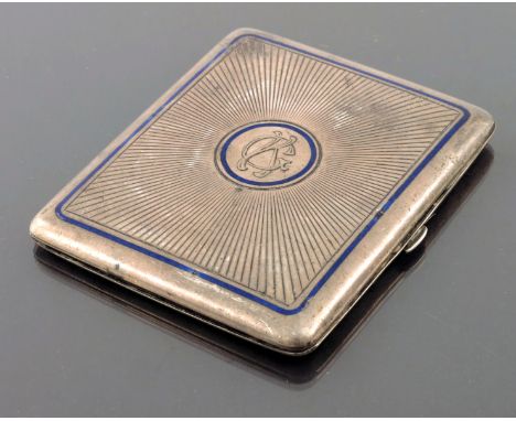 An Austrian silver and enamelled cigarette case, Lippa and Co., Vienna circa 1900, rectangular form engraved with starburst d