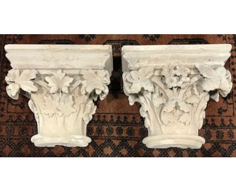 A pair of 18th Century architectural limestone pilaster capitals, corinthian order, carved in high relief with acanthus leave