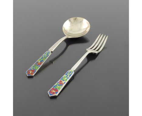 Bernard Instone, an Arts and Crafts silver and enamelled spoon and fork, Birmingham 1929/1930, the champleve enamel terminals