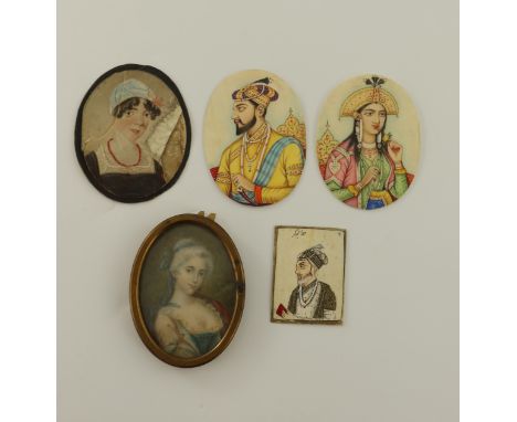 An oval portrait miniature on ivory, late 19th or early 20th Century, young lady in 18th Century costume, 7 by 5cm, framed, t