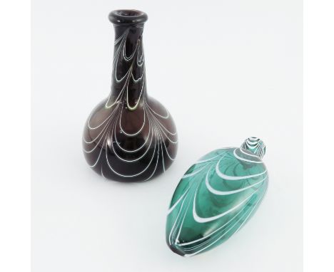 A 19th Century Nailsea type onion shaped bottle, brown glass with kicked-in base, broken pontil, height 20cm, together with a