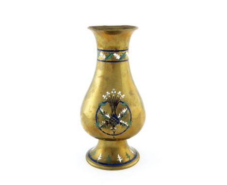 A W N Pugin for John Hardman and Sons (attributed), a Gothic Revival brass and enamelled altar vase, circa 1850, footed balus