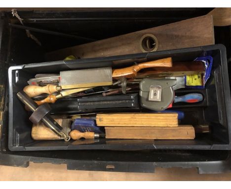 Box contains various Woodworking tools 