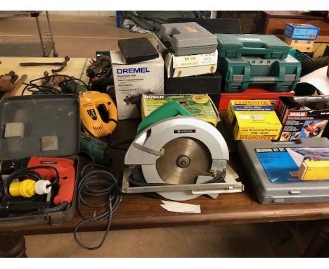 Large collection of various DIY tools to include Drills, Saws, a Grinder, soldering kit etc