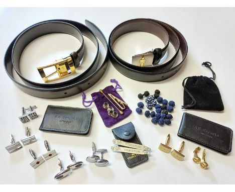 Assorted Gents Dressing Accessories, comprising a Dunhill dark tan leather belt with gilt metal buckle, impressed marks '42/1