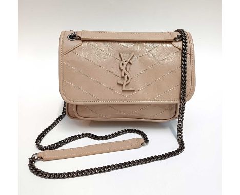 Saint Laurent Niki Baby Patent 'Vintage' Leather Bag in dark beige with white contrast stitching, YSL logo mount to the front
