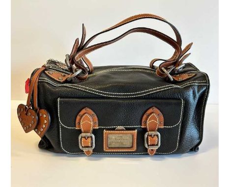 Luella Black and Tan Leather Trimmed Shoulder Bag, with chrome-tone hardware and brand plaque, buckle fastening pockets to th