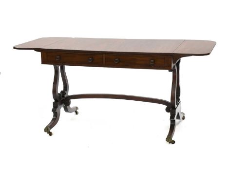 A 19th Century Mahogany Sofa Table, on lyre form supports with brass paw feet, both draws stamped I Stratford, 157cm by 69cm 