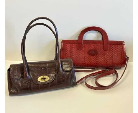 Small Vintage Mulberry Brown Leather Shoulder Bag with faux crocodile skin finish, flap over closure with postman's lock, bla