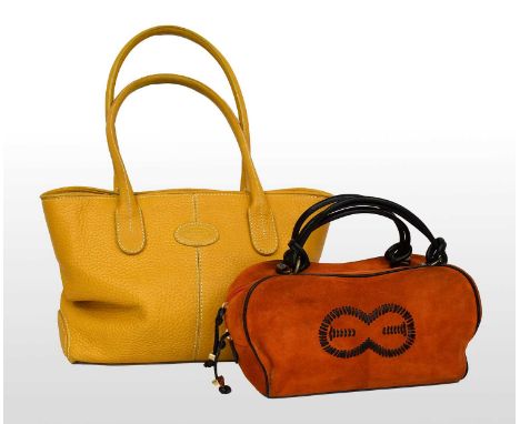 Tod’s Textured Yellow Leather Shoulder Bag with chrome-toned twist clasp fastening and studded base, white contrast stitching