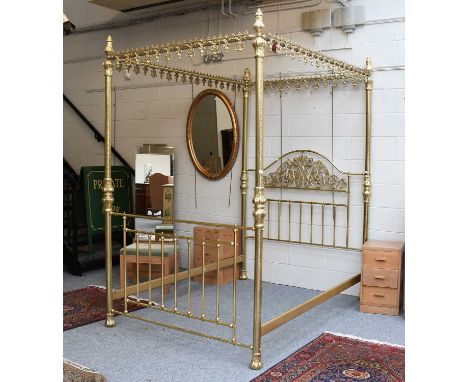 A Cast Brass Four Poster Double Bedstead, 20th century, 145cm by 210cm by 233cm