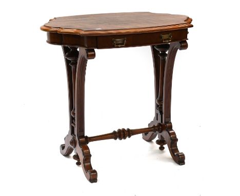 A Modern Mahogany Lamp Table, the shaped top over a single drawer, raised on twin supports joined by a turned stretcher, 78cm