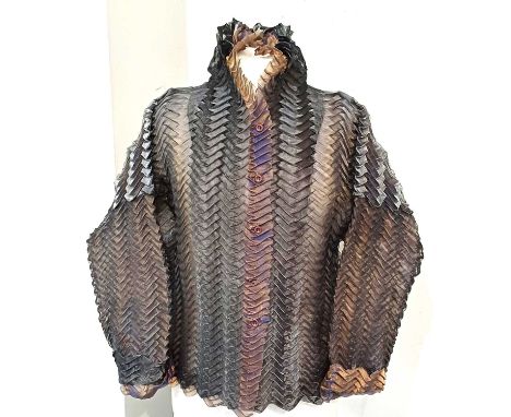 Issey Miyake Blouse of Geometric Form, sheer iridescent pleated design with long sleeves, turned up cuffs, scalloped hem, but