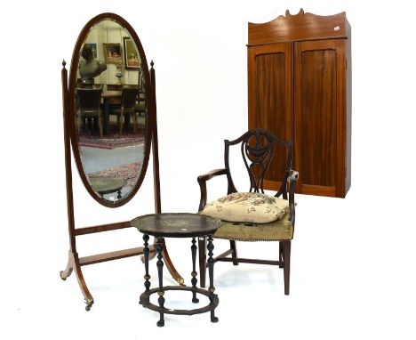 A 19th Century Mahogany Two Door Hanging Cupboard, 55cm by 23cm by 97cm, together with A Victorian Floral Painted Lamp Table,