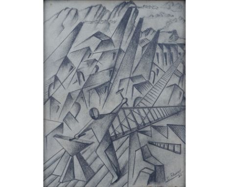 Art Deco Russian School Charcoal On Paper "Avante-Garde Figure At Work". Signed E. Popov and dated '26. Good condition. Measu