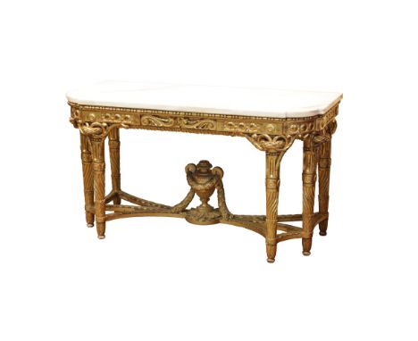 Fine Quality Large Early to Mid 19th Century Louis XVI style Carved and Gilt Wood Console with Heavy Marble Top. Unsigned. Ru