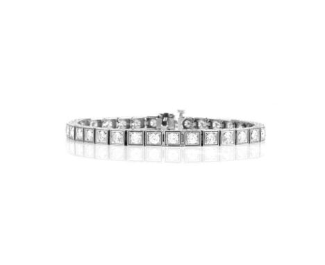 Vintage Approx. 6.0 Carat Round Cut Diamond and 14 Karat White Gold Box Line Bracelet. Diamonds F color, VS clarity. Stamped 