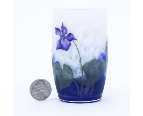 Art Nouveau Period Daum Nancy Cameo Glass Miniature Vase "Violets". Signed Daum Nancy. Good Condition. Measures 3-3/8". Shipp