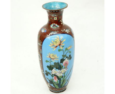 Large Antique Japanese Cloisonné Vase. Exotic wild flowers window on front and obverse side, floral panel with gold flecks. S