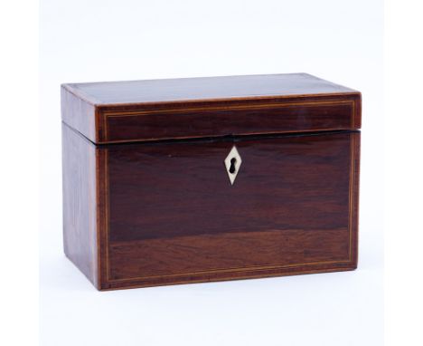 Antique English Banded Inlaid Tea Caddy. Unsigned. Good Condition. Measures 5" H x 7-3/8" W x 4-1/8" D. Shipping $52.00 (esti