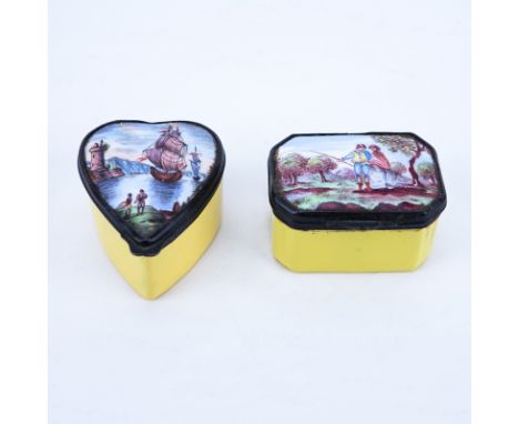Two (2) Early English Enamel Patch Boxes. Possibly 18th Century Bilston. Unsigned. Condition commensurate to age. Measures 1-